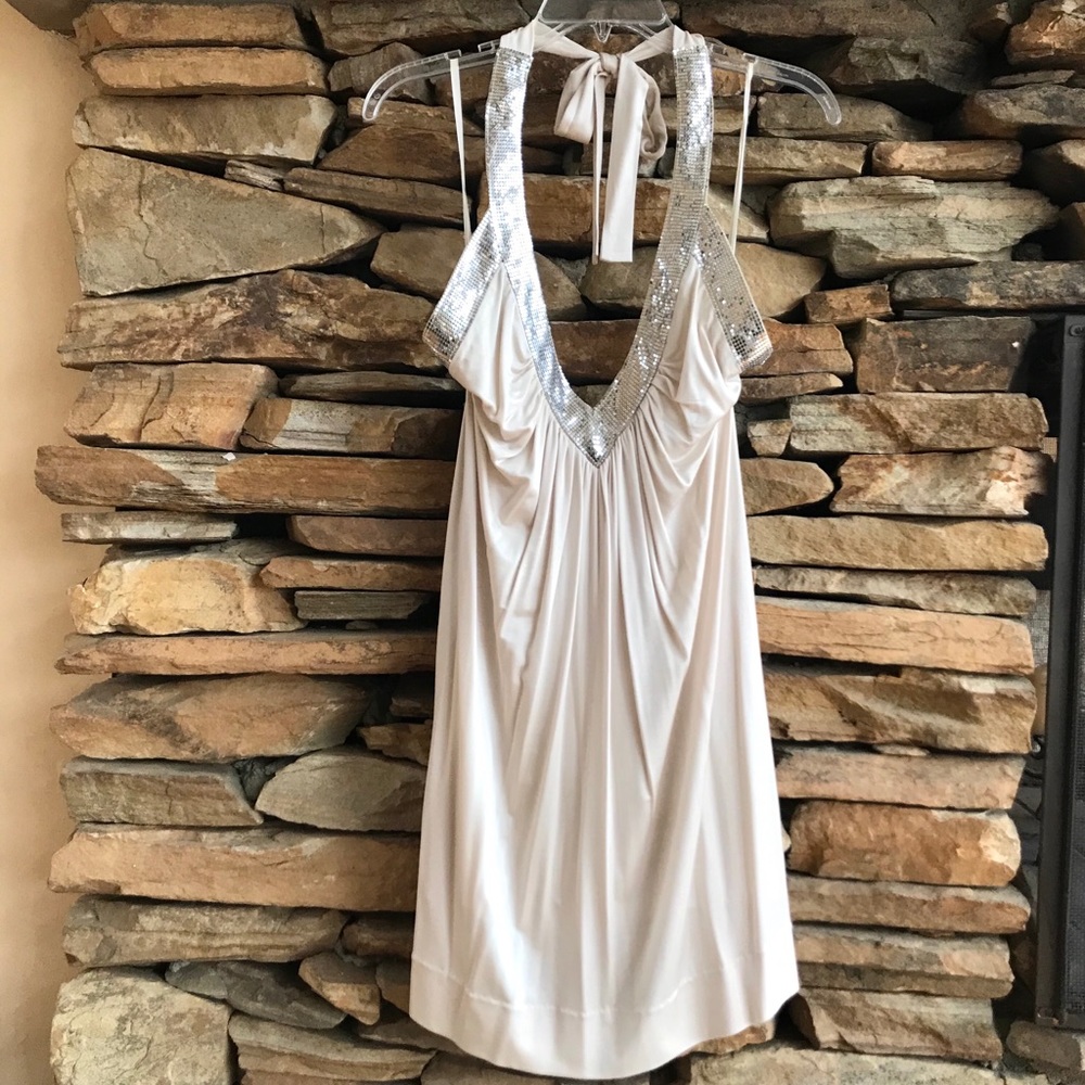 BCBGMaxazria Sequin V-Neck Halter Cocktail Dress